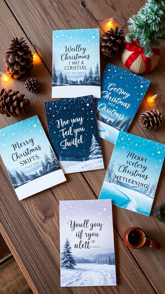 Taylor Swift Inspired Christmas Card Ideas A variety of Taylor Swift inspired Christmas cards on a wooden table with festive decorations.